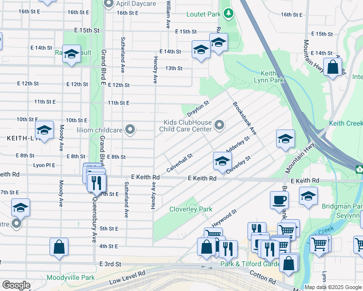 map of restaurants, bars, coffee shops, grocery stores, and more near 843 Whitchurch Street in North Vancouver