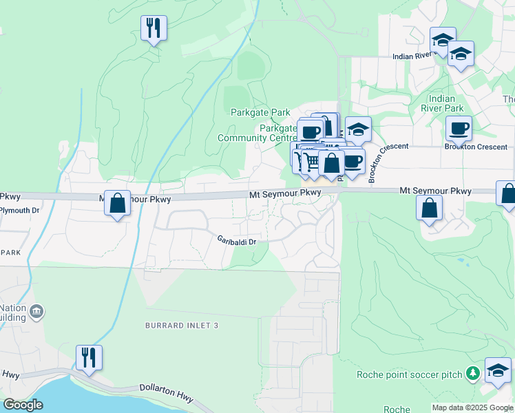 map of restaurants, bars, coffee shops, grocery stores, and more near 1050 Bowron Court in North Vancouver