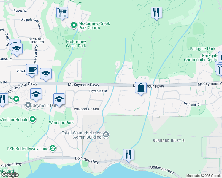 map of restaurants, bars, coffee shops, grocery stores, and more near 3095 Plymouth Drive in North Vancouver
