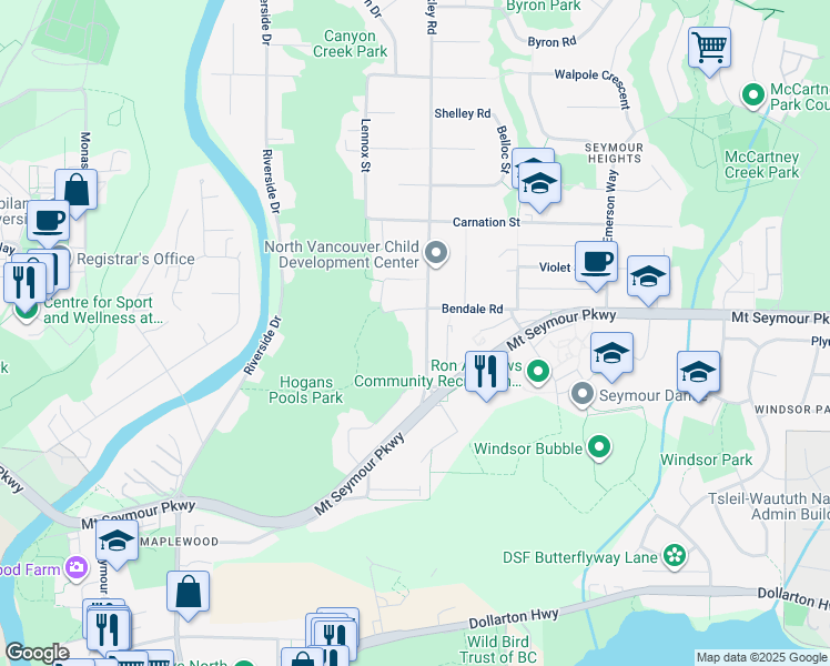 map of restaurants, bars, coffee shops, grocery stores, and more near 999 Berkley Road in North Vancouver