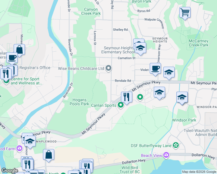 map of restaurants, bars, coffee shops, grocery stores, and more near 999 Berkley Road in North Vancouver