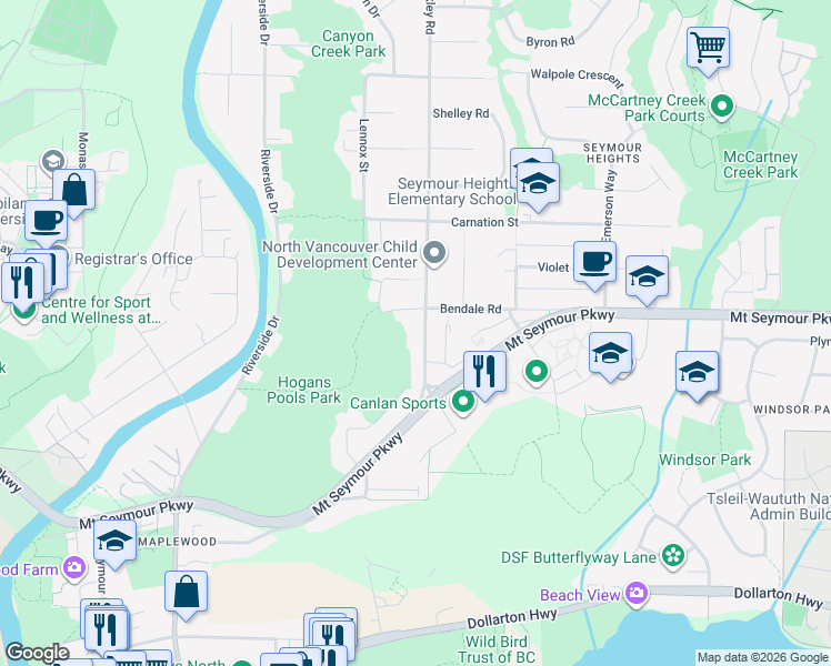 map of restaurants, bars, coffee shops, grocery stores, and more near 999 Berkley Road in North Vancouver