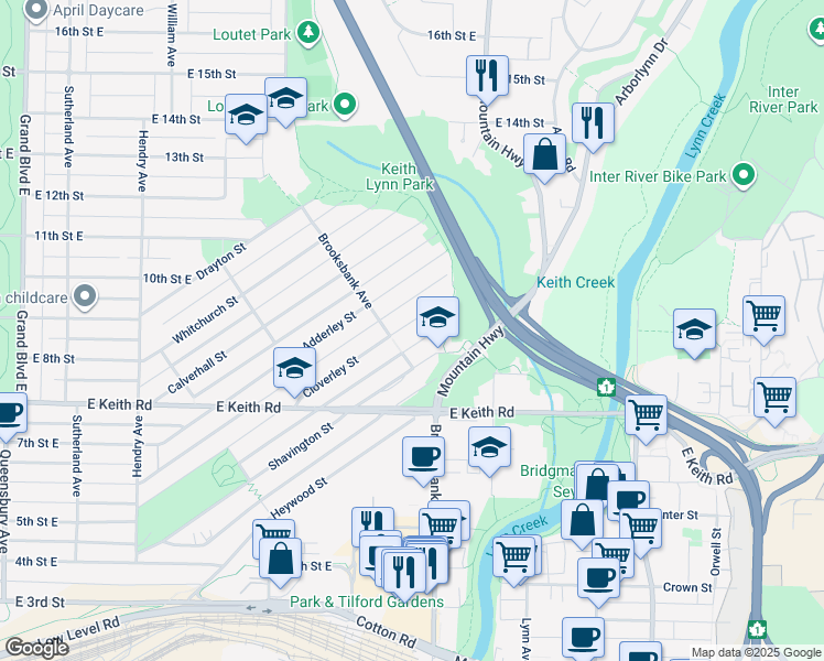 map of restaurants, bars, coffee shops, grocery stores, and more near 1231 Cloverley Street in North Vancouver