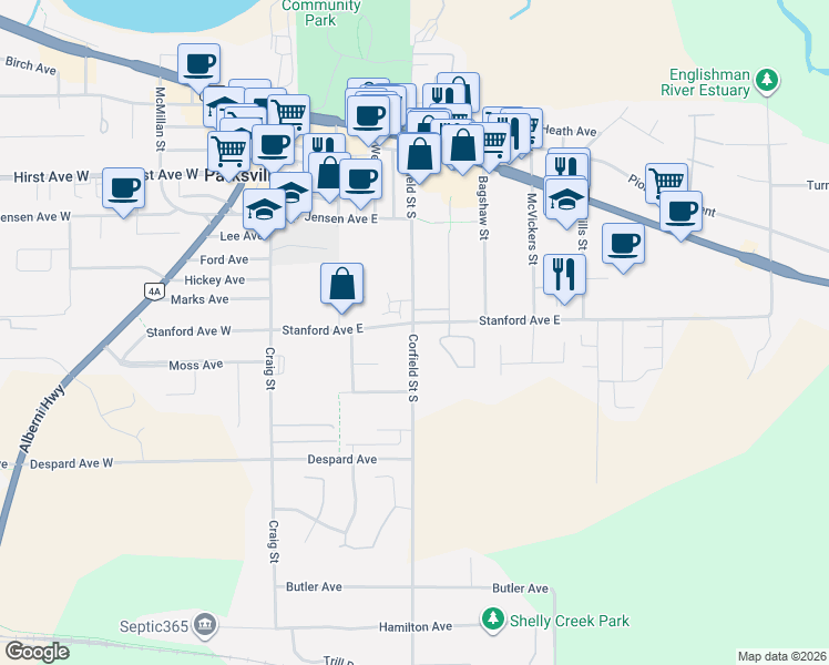 map of restaurants, bars, coffee shops, grocery stores, and more near 267 Corfield Street South in Parksville