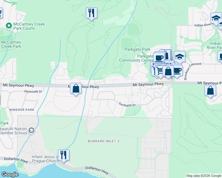 map of restaurants, bars, coffee shops, grocery stores, and more near 3380 Manning Crescent in North Vancouver