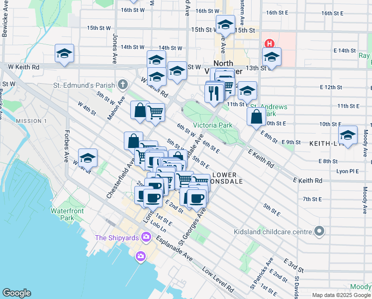 map of restaurants, bars, coffee shops, grocery stores, and more near 503 Lonsdale Avenue in North Vancouver