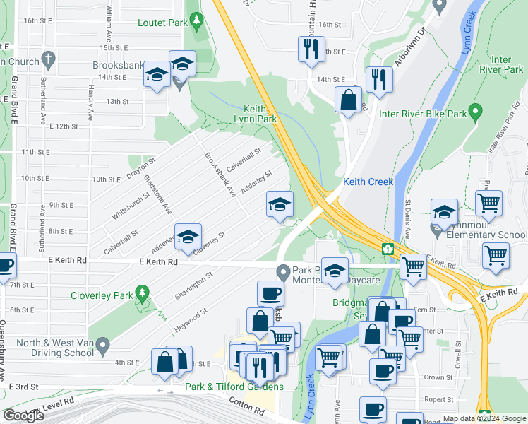 map of restaurants, bars, coffee shops, grocery stores, and more near 1231 Cloverley Street in North Vancouver