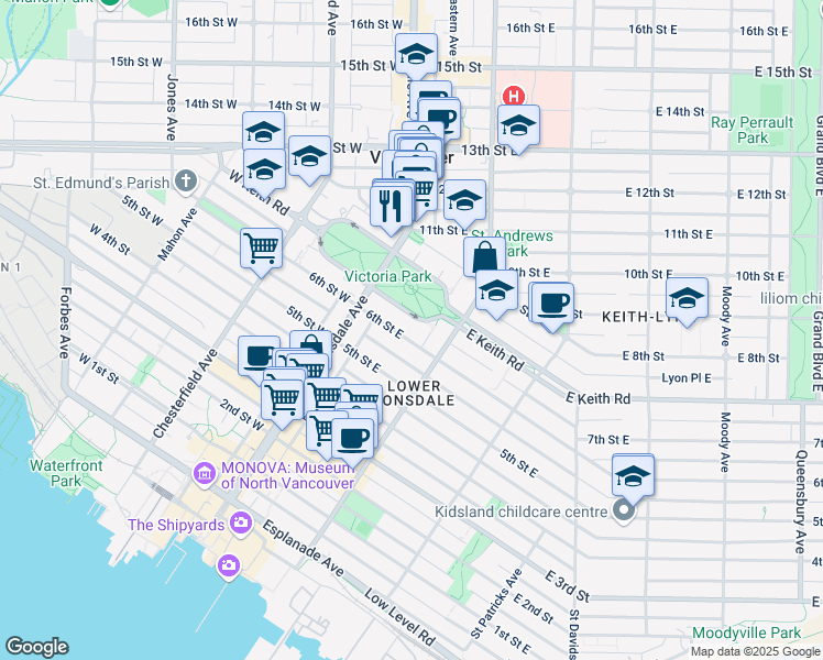 map of restaurants, bars, coffee shops, grocery stores, and more near 151 Keith Road East in North Vancouver