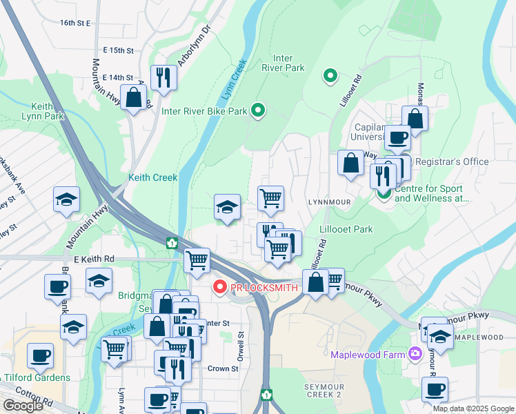 map of restaurants, bars, coffee shops, grocery stores, and more near 897 Premier Street in North Vancouver