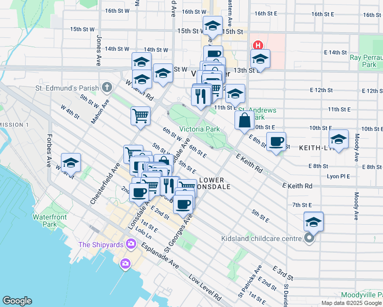 map of restaurants, bars, coffee shops, grocery stores, and more near 119 6th Street East in North Vancouver