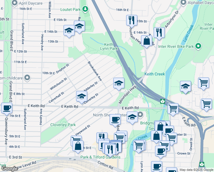 map of restaurants, bars, coffee shops, grocery stores, and more near 1206 Cloverley Street in North Vancouver