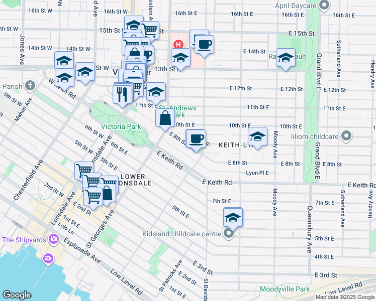 map of restaurants, bars, coffee shops, grocery stores, and more near in North Vancouver