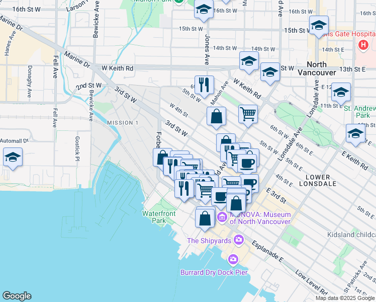 map of restaurants, bars, coffee shops, grocery stores, and more near in North Vancouver