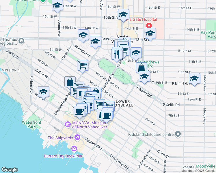 map of restaurants, bars, coffee shops, grocery stores, and more near 540 Lonsdale Avenue in North Vancouver