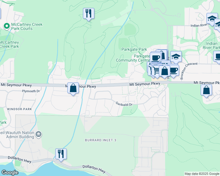 map of restaurants, bars, coffee shops, grocery stores, and more near 3403 Mount Seymour Parkway in North Vancouver
