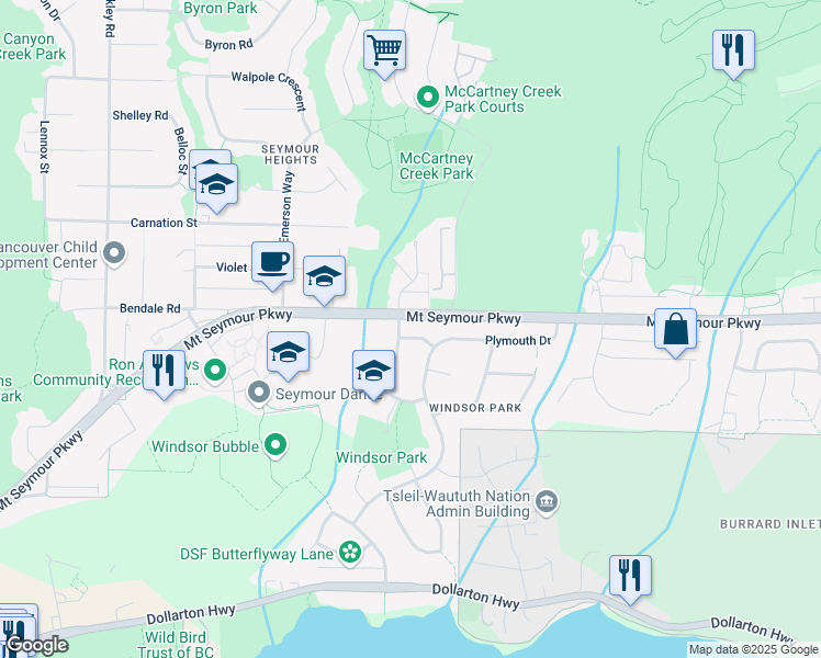 map of restaurants, bars, coffee shops, grocery stores, and more near 2932 Brixham Road in North Vancouver