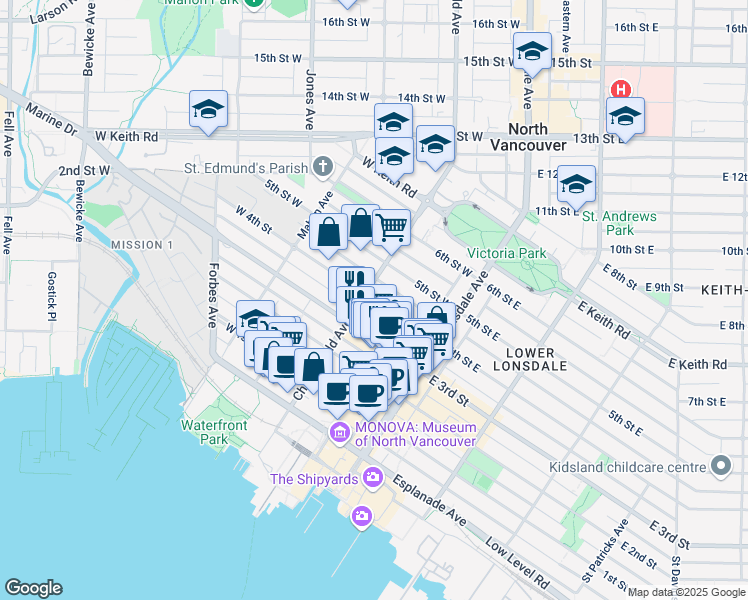 map of restaurants, bars, coffee shops, grocery stores, and more near 131 West 4th Street in North Vancouver
