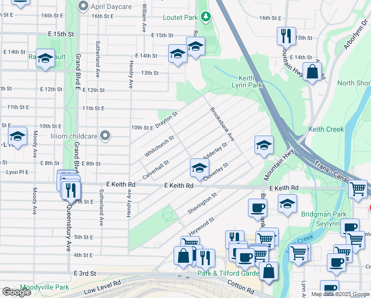 map of restaurants, bars, coffee shops, grocery stores, and more near Calverhall Street in North Vancouver