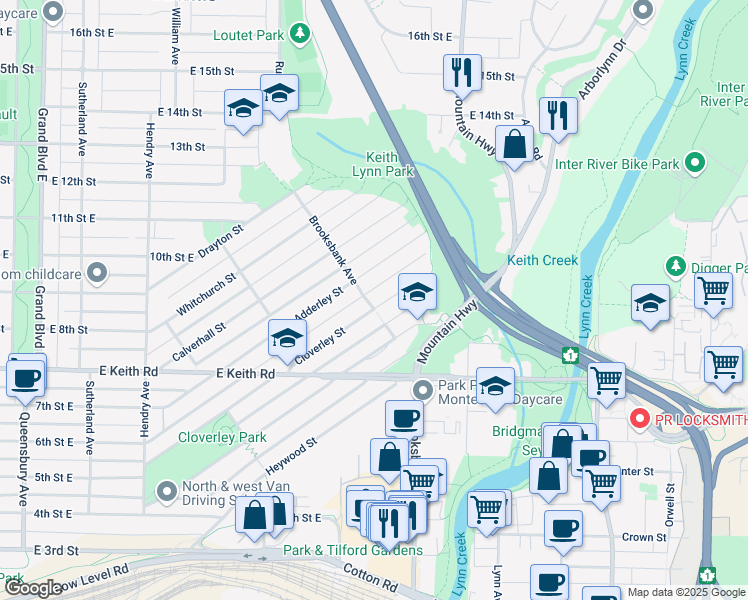 map of restaurants, bars, coffee shops, grocery stores, and more near 1206 Cloverley Street in North Vancouver