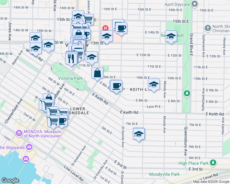 map of restaurants, bars, coffee shops, grocery stores, and more near in North Vancouver