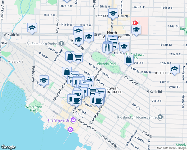 map of restaurants, bars, coffee shops, grocery stores, and more near 505 Lonsdale Avenue in North Vancouver