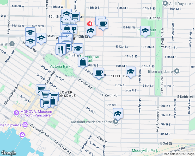 map of restaurants, bars, coffee shops, grocery stores, and more near in Vancouver