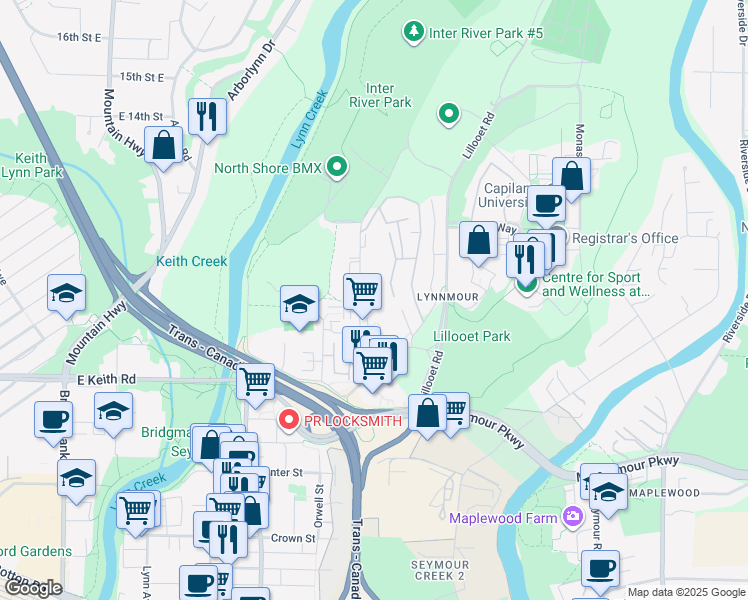 map of restaurants, bars, coffee shops, grocery stores, and more near 928 Premier Street in North Vancouver
