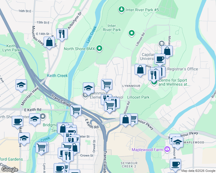 map of restaurants, bars, coffee shops, grocery stores, and more near 912 Premier Street in North Vancouver