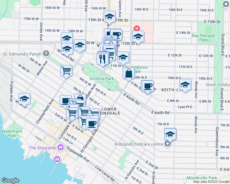 map of restaurants, bars, coffee shops, grocery stores, and more near 683 E Victoria Park in North Vancouver