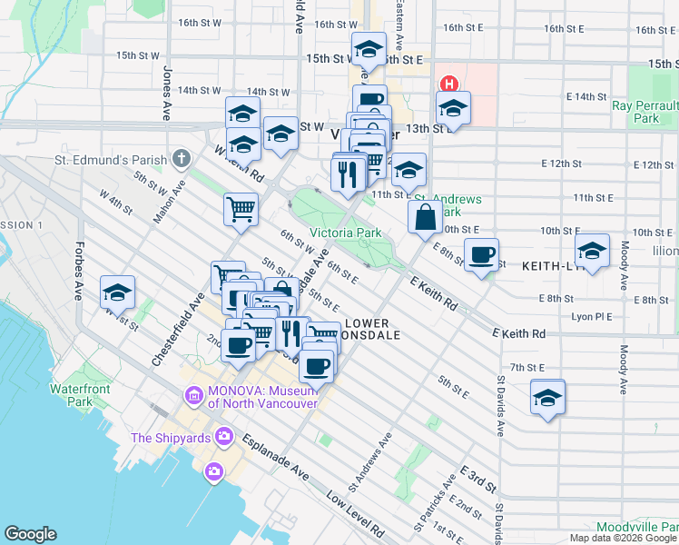 map of restaurants, bars, coffee shops, grocery stores, and more near in North Vancouver