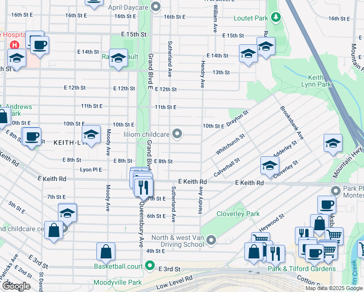 map of restaurants, bars, coffee shops, grocery stores, and more near 733 9th Street East in North Vancouver