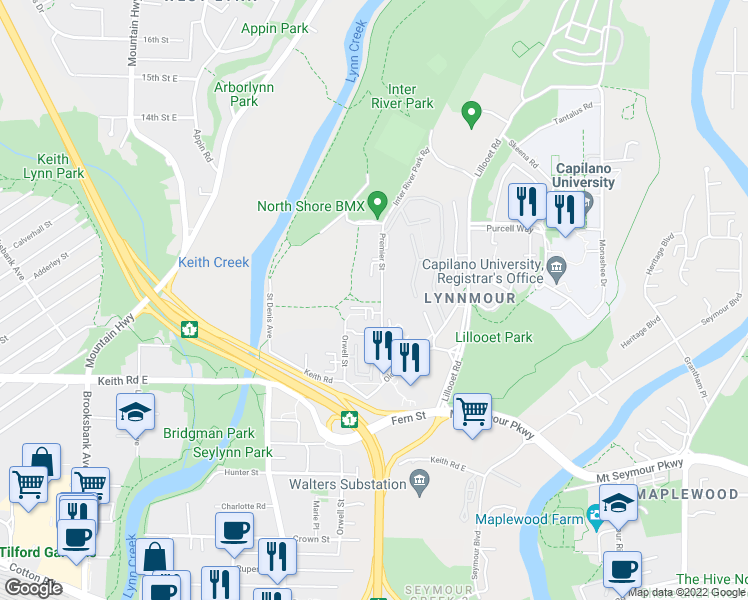 map of restaurants, bars, coffee shops, grocery stores, and more near 905 Premier Street in North Vancouver