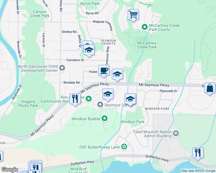 map of restaurants, bars, coffee shops, grocery stores, and more near 2751 Mount Seymour Parkway in North Vancouver