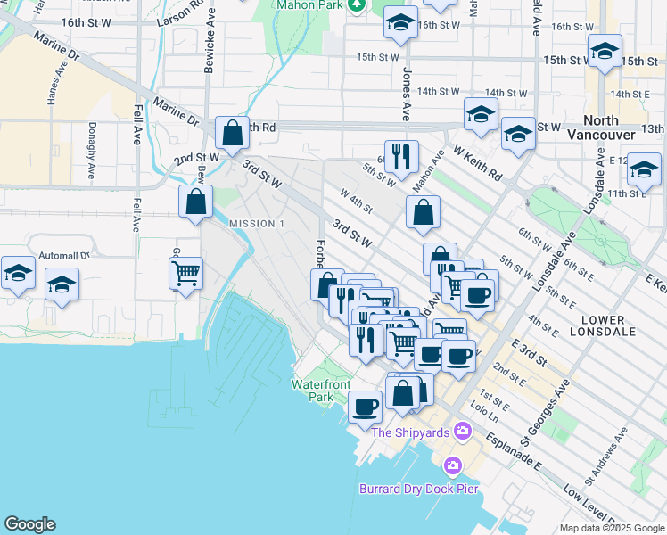 map of restaurants, bars, coffee shops, grocery stores, and more near in Vancouver