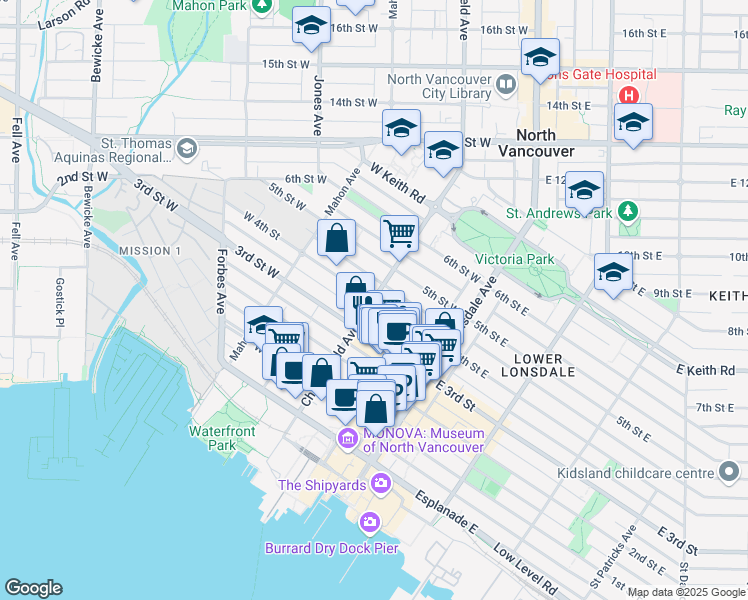 map of restaurants, bars, coffee shops, grocery stores, and more near 175 West 4th Street in North Vancouver