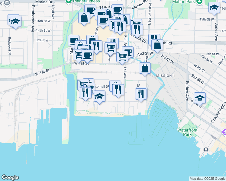 map of restaurants, bars, coffee shops, grocery stores, and more near 849 Automall Drive in North Vancouver