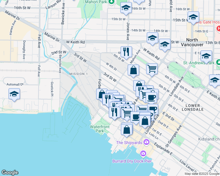 map of restaurants, bars, coffee shops, grocery stores, and more near in North Vancouver