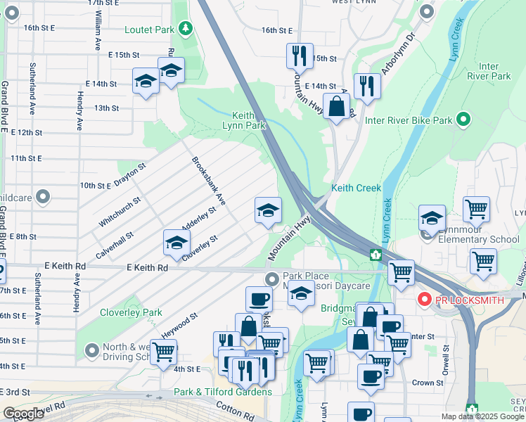 map of restaurants, bars, coffee shops, grocery stores, and more near 1263 Cloverley Street in North Vancouver