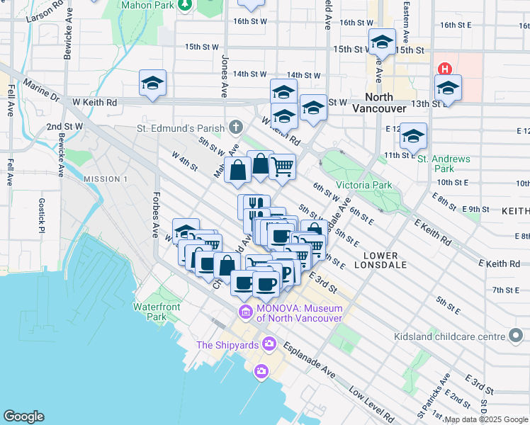map of restaurants, bars, coffee shops, grocery stores, and more near 404 Chesterfield Avenue in North Vancouver