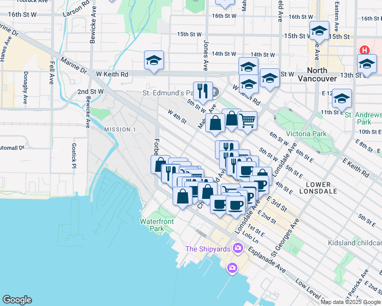 map of restaurants, bars, coffee shops, grocery stores, and more near in North Vancouver