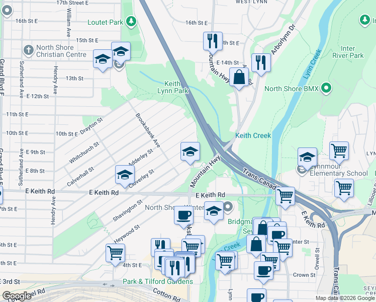map of restaurants, bars, coffee shops, grocery stores, and more near 1269 Cloverley Street in North Vancouver