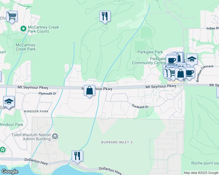 map of restaurants, bars, coffee shops, grocery stores, and more near 3320 Mount Seymour Parkway in North Vancouver