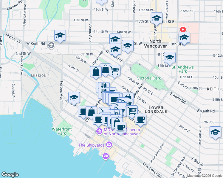 map of restaurants, bars, coffee shops, grocery stores, and more near in North Vancouver