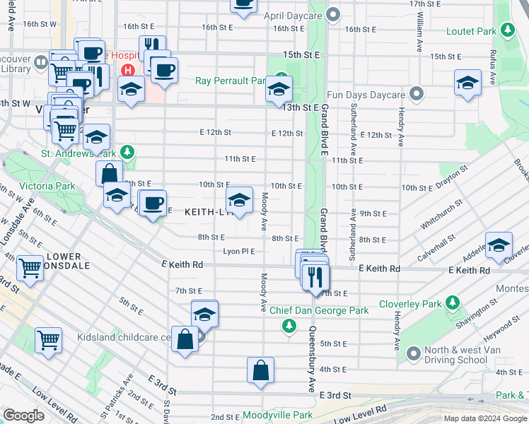 map of restaurants, bars, coffee shops, grocery stores, and more near 9th Street East in Metro Vancouver