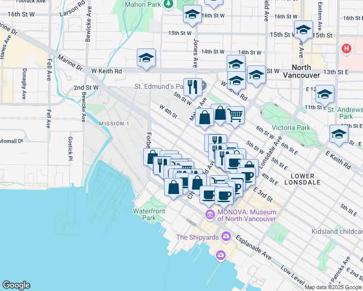 map of restaurants, bars, coffee shops, grocery stores, and more near 240 Mahon Avenue in North Vancouver