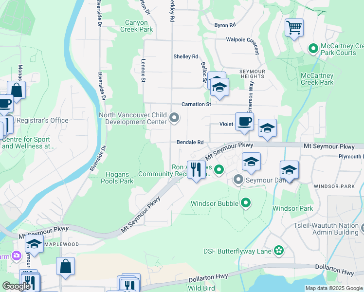 map of restaurants, bars, coffee shops, grocery stores, and more near 2529 Bendale Road in North Vancouver