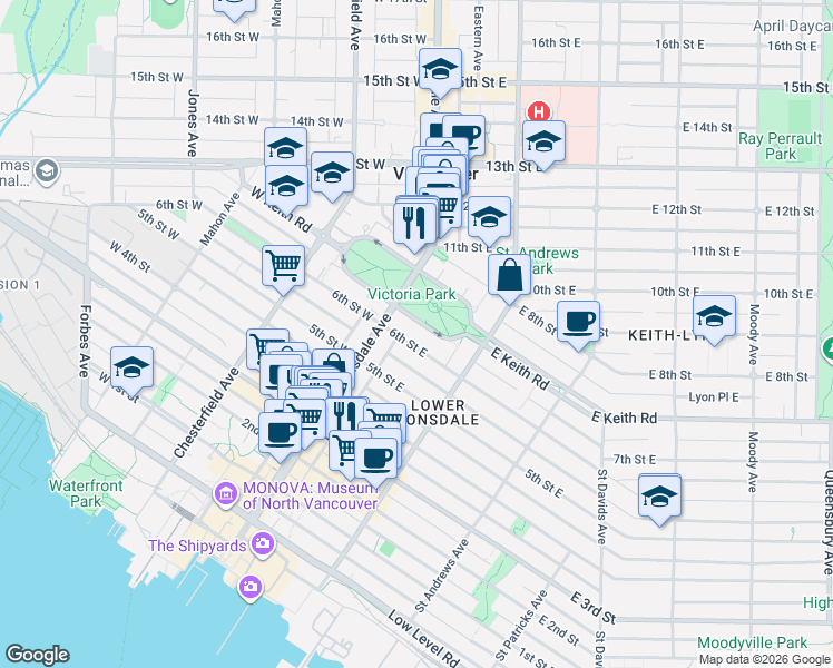 map of restaurants, bars, coffee shops, grocery stores, and more near 123 East Keith Road in North Vancouver