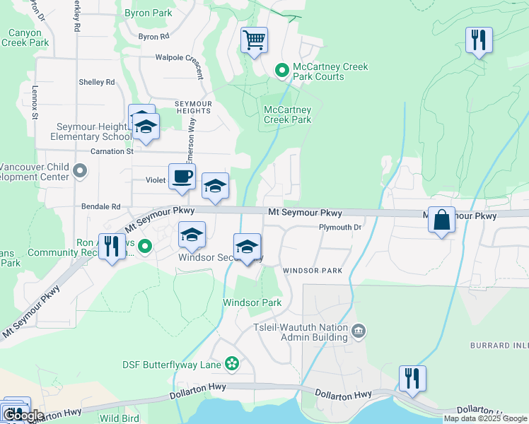 map of restaurants, bars, coffee shops, grocery stores, and more near 2942 Mount Seymour Parkway in North Vancouver