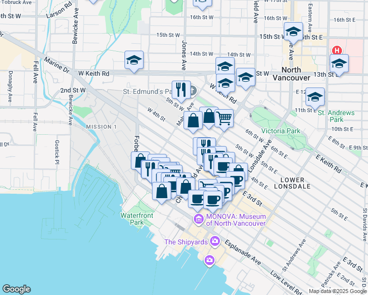 map of restaurants, bars, coffee shops, grocery stores, and more near in North Vancouver