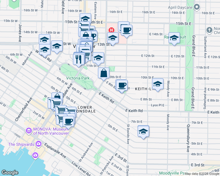 map of restaurants, bars, coffee shops, grocery stores, and more near 229 8th Street East in North Vancouver